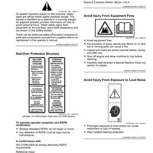 May include: A page from a safety manual, featuring warnings about equipment fires, loud noise, and roll-over protective structures. The page includes diagrams and text in English and Spanish, for John Deere mowers.