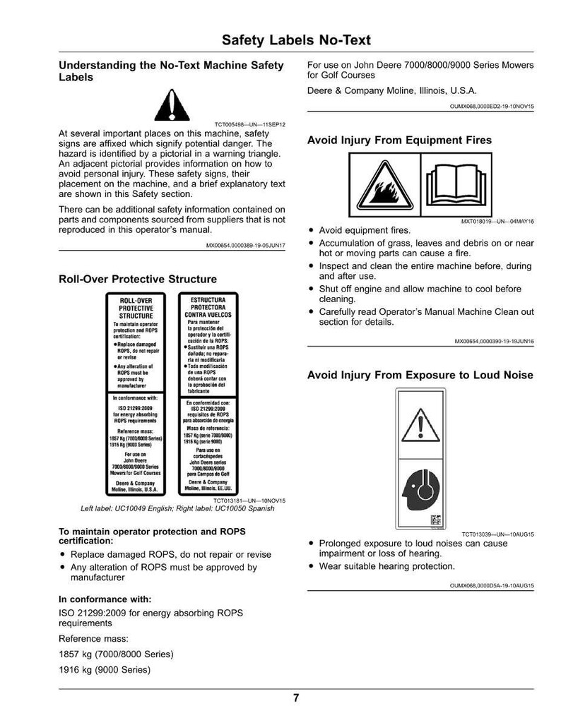 May include: A page from a safety manual, featuring warnings about equipment fires, loud noise, and roll-over protective structures. The page includes diagrams and text in English and Spanish, for John Deere mowers.