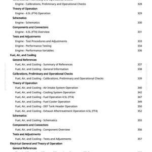 May include: A page from a manual with a table of contents. The text includes sections on engine references, calibrations, schematics, and fuel, air, and cooling systems. Page number 7 is visible at the bottom.