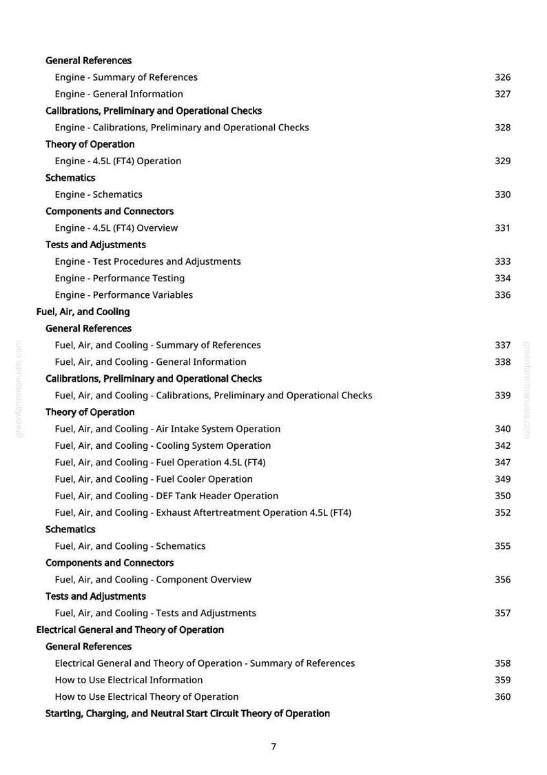 May include: A page from a manual with a table of contents. The text includes sections on engine references, calibrations, schematics, and fuel, air, and cooling systems. Page number 7 is visible at the bottom.