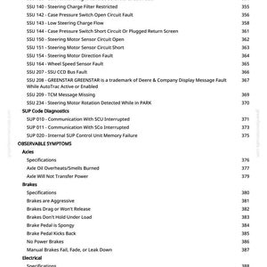 May include: A white page with a list of vehicle diagnostic codes and observable symptoms. The codes include issues like "Right Track Pressure High" and "Steering Motor Sensor Circuit Short." The page also lists issues related to axles, brakes, and electrical systems.