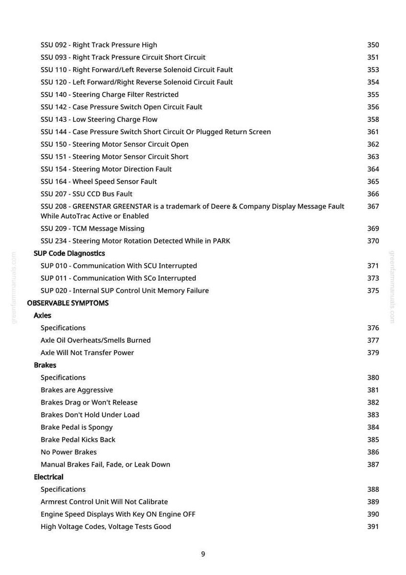 May include: A white page with a list of vehicle diagnostic codes and observable symptoms. The codes include issues like "Right Track Pressure High" and "Steering Motor Sensor Circuit Short." The page also lists issues related to axles, brakes, and electrical systems.
