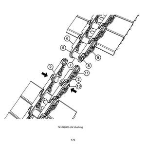 Puede incluir: Un diagrama de ingenier&iacute;a en blanco y negro de un conjunto de cadena mec&aacute;nica, con componentes numerados y flechas que indican los pasos de montaje. El texto "TX1098002" y "TX1098002-UN: Bushing" es visible.