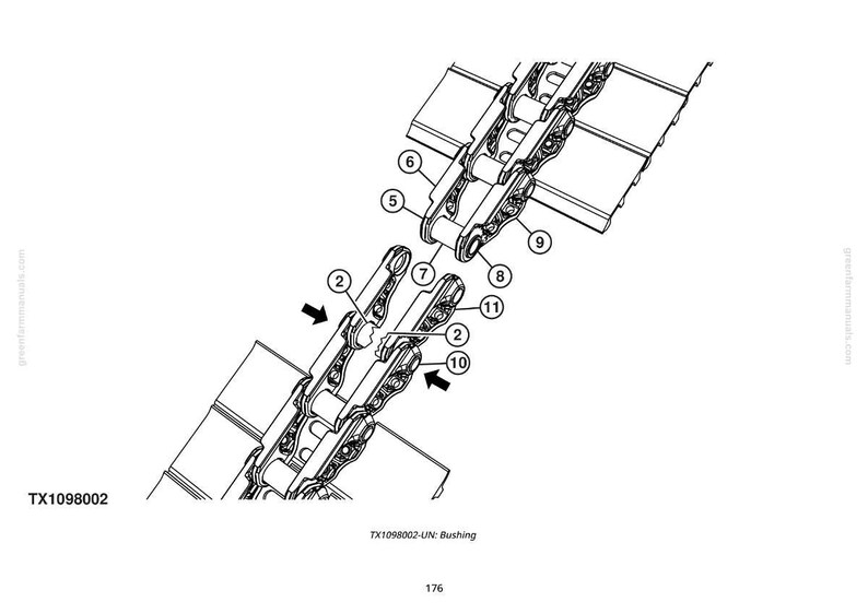 Puede incluir: Un diagrama de ingenier&iacute;a en blanco y negro de un conjunto de cadena mec&aacute;nica, con componentes numerados y flechas que indican los pasos de montaje. El texto "TX1098002" y "TX1098002-UN: Bushing" es visible.