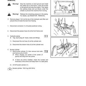 May include: A page from a manual detailing the disassembly and assembly of a bucket cylinder. The text includes warnings, instructions, and diagrams for removal and maintenance. The bucket cylinder weighs 424.39 lb.