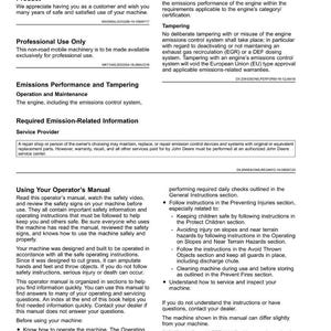 Peut inclure: Une page de manuel intitul&eacute;e &laquo;&nbsp;Introduction&nbsp;&raquo; avec des sections sur l'achat, l'utilisation professionnelle, les &eacute;missions et les informations de service. Contient des consignes de s&eacute;curit&eacute; et des avertissements pour l'utilisation de machines. La page est de John Deere.
