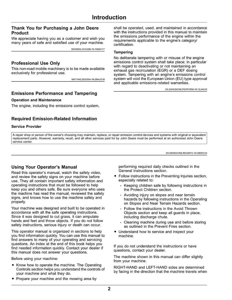 Peut inclure: Une page de manuel intitul&eacute;e &laquo;&nbsp;Introduction&nbsp;&raquo; avec des sections sur l'achat, l'utilisation professionnelle, les &eacute;missions et les informations de service. Contient des consignes de s&eacute;curit&eacute; et des avertissements pour l'utilisation de machines. La page est de John Deere.