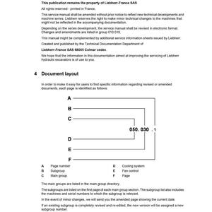 May include: A service manual page with the title "Preface" and "Document layout." The document includes text, diagrams, and a copyright notice from Liebherr. The page details document structure and information.