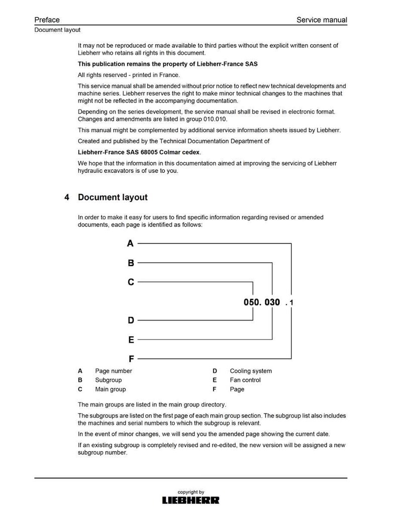 May include: A service manual page with the title "Preface" and "Document layout." The document includes text, diagrams, and a copyright notice from Liebherr. The page details document structure and information.