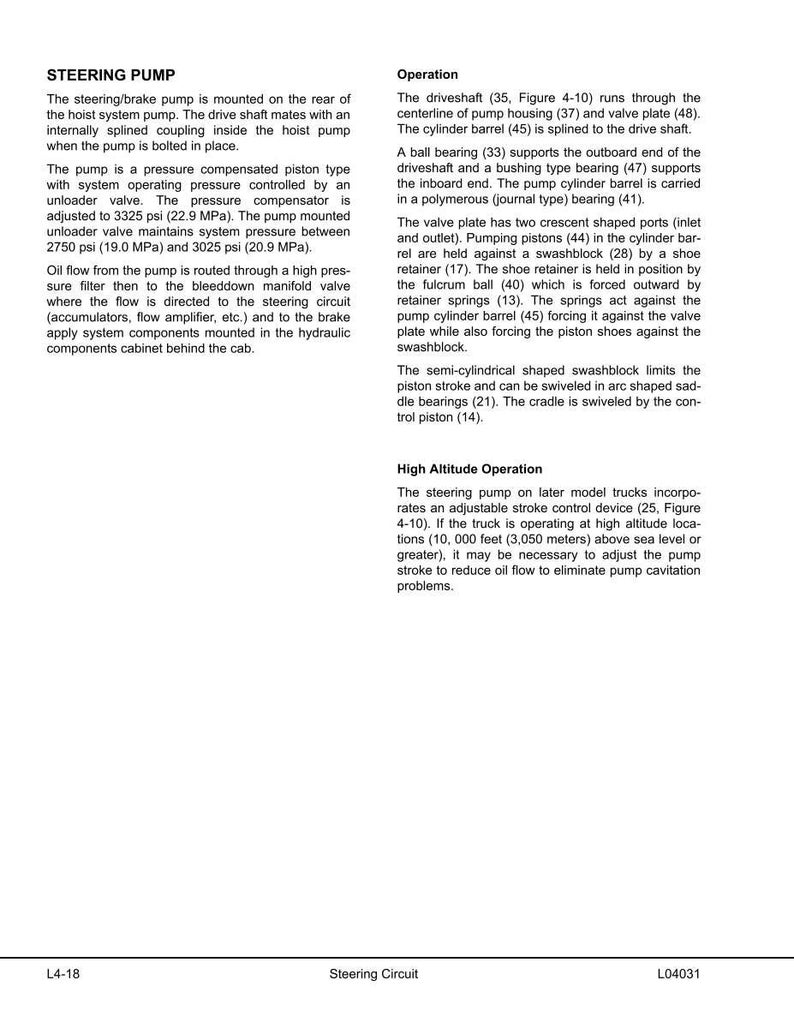 May include: A detailed technical diagram of a steering pump, including text descriptions of its components and operation. The diagram includes measurements in psi and feet.