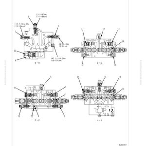May include: Diagram of a control valve assembly, labeled with numbers and measurements in Newton-meters and kilogram-meters. The image includes multiple views (E-E, G-G, F-F, H-H) and is from a Komatsu manual.