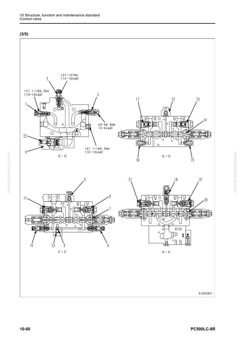 May include: Diagram of a control valve assembly, labeled with numbers and measurements in Newton-meters and kilogram-meters. The image includes multiple views (E-E, G-G, F-F, H-H) and is from a Komatsu manual.