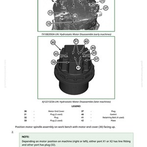 May include: Diagram of a hydrostatic motor disassembly, featuring detailed views of early and later machine models. The image includes labels for components like the motor end cover, plugs, and retaining bolts, with a legend for easy identification. Text instructions are also included.