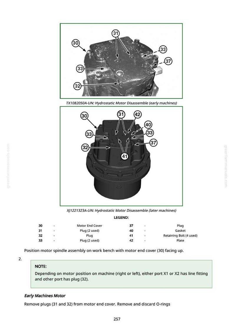 May include: Diagram of a hydrostatic motor disassembly, featuring detailed views of early and later machine models. The image includes labels for components like the motor end cover, plugs, and retaining bolts, with a legend for easy identification. Text instructions are also included.