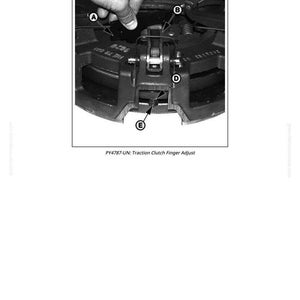 May include: A black and white diagram illustrating the traction clutch finger adjustment. The image includes labels A, B, D, and E, with the text "Traction Clutch Finger Adjustment" at the top. The text "PY4787-UN: Traction Clutch Finger Adjust" is at the bottom of the image.