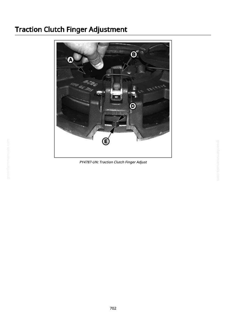May include: A black and white diagram illustrating the traction clutch finger adjustment. The image includes labels A, B, D, and E, with the text "Traction Clutch Finger Adjustment" at the top. The text "PY4787-UN: Traction Clutch Finger Adjust" is at the bottom of the image.