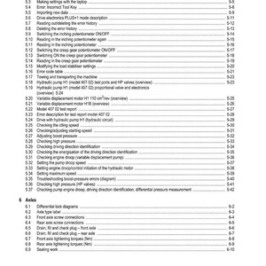 May include: A manual page titled 'Table of Contents' detailing sections on a machine's drive and axles. Topics include diagrams, error descriptions, and speed adjustments. The Weidemann logo is visible at the top of the page.