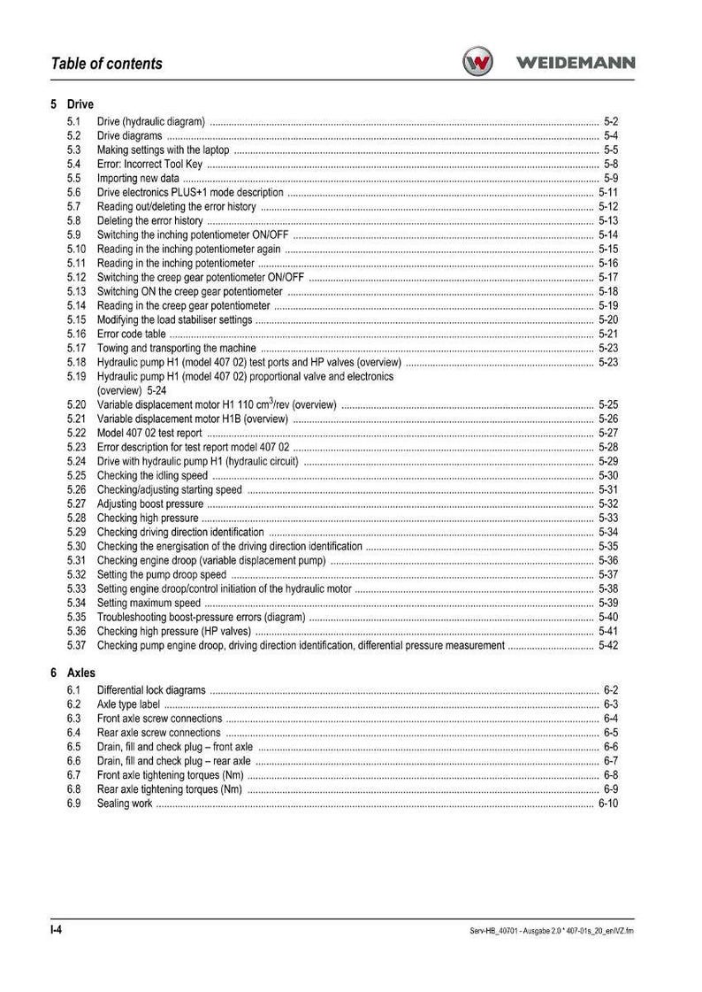 May include: A manual page titled 'Table of Contents' detailing sections on a machine's drive and axles. Topics include diagrams, error descriptions, and speed adjustments. The Weidemann logo is visible at the top of the page.