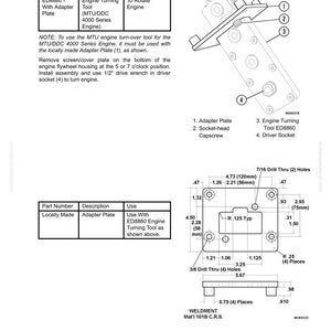 Puede incluir: Diagrama t&eacute;cnico de una herramienta de giro de motor, con dimensiones en mil&iacute;metros y pulgadas. El diagrama incluye n&uacute;meros de pieza, descripciones e instrucciones de uso de la herramienta y la placa adaptadora. Tambi&eacute;n hay una vista detallada de la placa adaptadora con medidas.