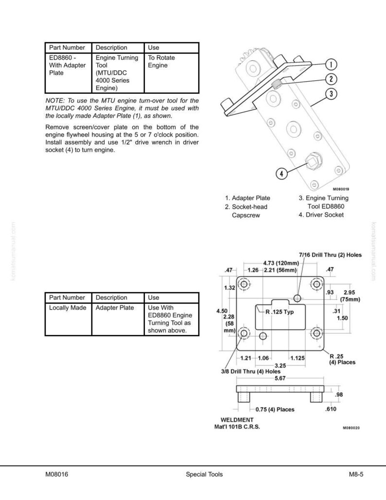 Puede incluir: Diagrama t&eacute;cnico de una herramienta de giro de motor, con dimensiones en mil&iacute;metros y pulgadas. El diagrama incluye n&uacute;meros de pieza, descripciones e instrucciones de uso de la herramienta y la placa adaptadora. Tambi&eacute;n hay una vista detallada de la placa adaptadora con medidas.