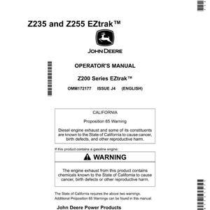 Puede incluir: Manual del operador blanco para cortac&eacute;spedes Z235 y Z255 EZtrak&trade; John Deere. El manual incluye una advertencia sobre los gases de escape de los motores di&eacute;sel y de gasolina, as&iacute; como las advertencias de la Proposici&oacute;n 65.