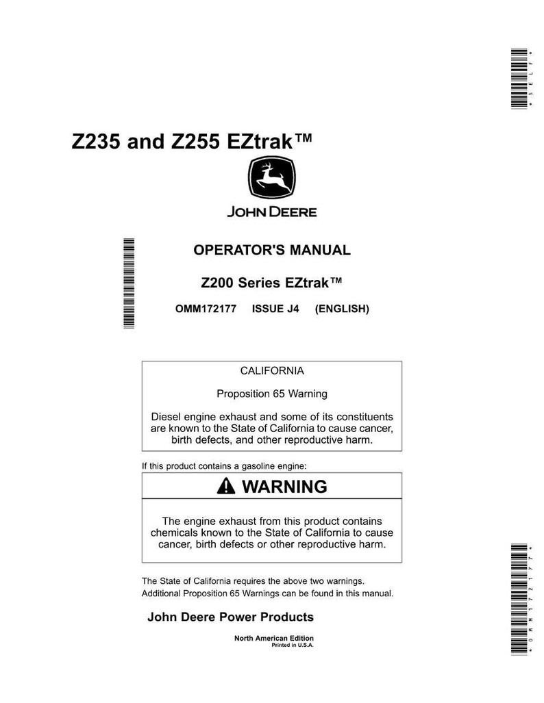 Puede incluir: Manual del operador blanco para cortac&eacute;spedes Z235 y Z255 EZtrak&trade; John Deere. El manual incluye una advertencia sobre los gases de escape de los motores di&eacute;sel y de gasolina, as&iacute; como las advertencias de la Proposici&oacute;n 65.