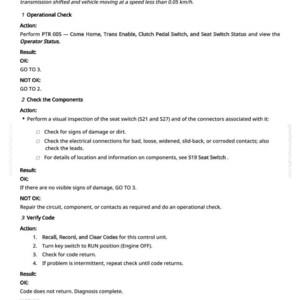 May include: A technical document titled "PTR 523959.31 - No Wheel Speed While in Gear." The document provides instructions for troubleshooting and verifying codes related to a power train reverser control unit. The text includes operational checks and component inspections.