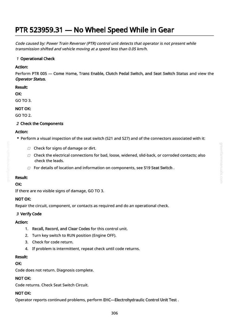 May include: A technical document titled "PTR 523959.31 - No Wheel Speed While in Gear." The document provides instructions for troubleshooting and verifying codes related to a power train reverser control unit. The text includes operational checks and component inspections.