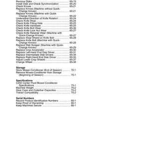 May include: A printed page from a manual, titled "Contents." The page lists various maintenance procedures for a mower-conditioner, including knife replacement, disk adjustments, and storage instructions. The page numbers are listed on the right.