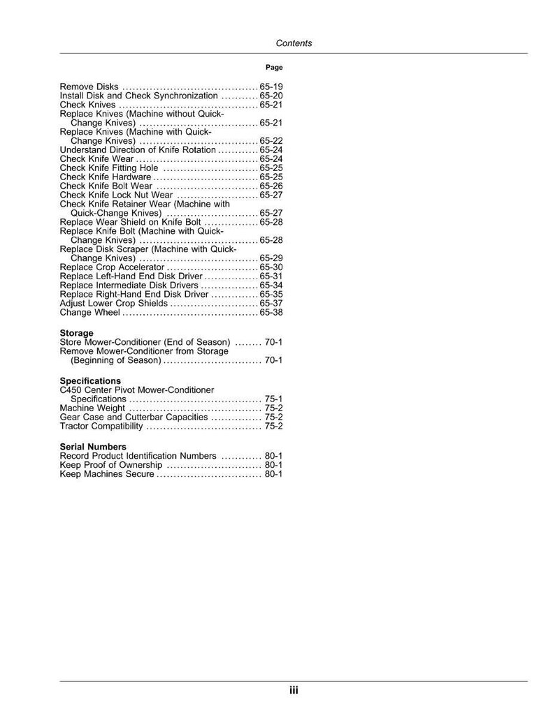 May include: A printed page from a manual, titled "Contents." The page lists various maintenance procedures for a mower-conditioner, including knife replacement, disk adjustments, and storage instructions. The page numbers are listed on the right.