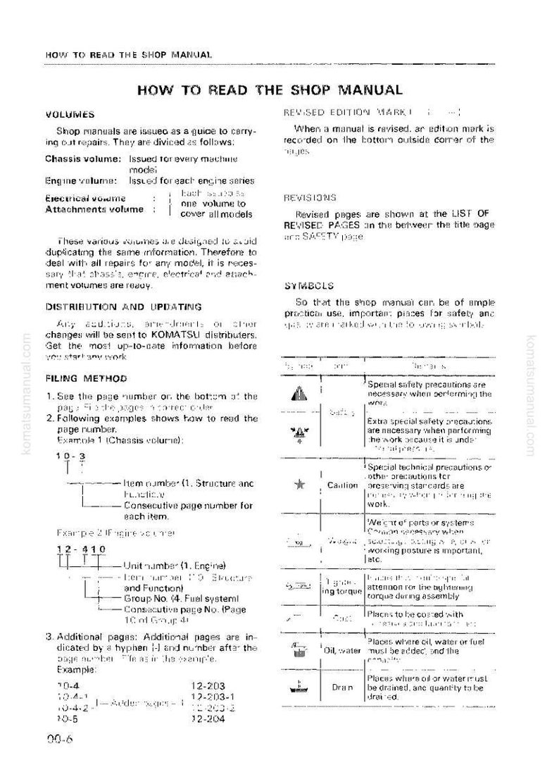 May include: A page from a shop manual titled "How to Read the Shop Manual." The manual details volumes, revisions, and symbols. It includes instructions on filing methods and examples, with diagrams and text explaining various components and procedures.