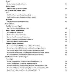 May include: A white page with a detailed table of contents for engine repair, electrical systems, and other tractor maintenance procedures. The text includes headings and page numbers.