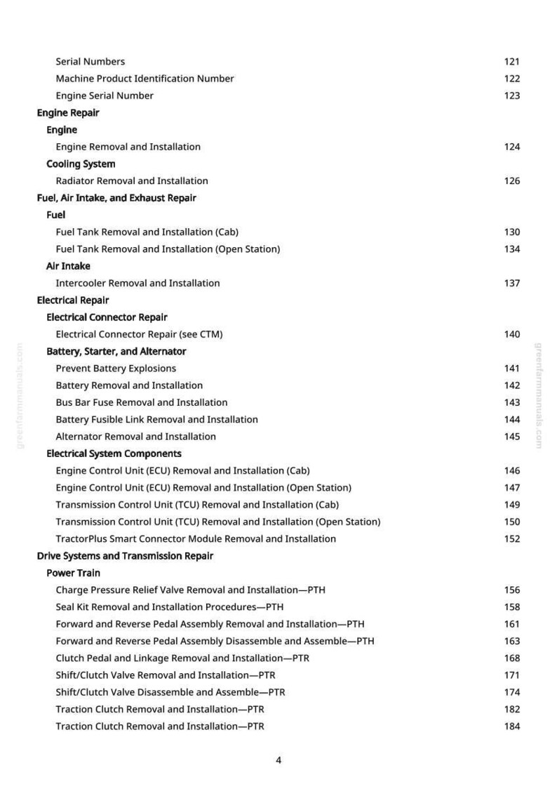 May include: A white page with a detailed table of contents for engine repair, electrical systems, and other tractor maintenance procedures. The text includes headings and page numbers.