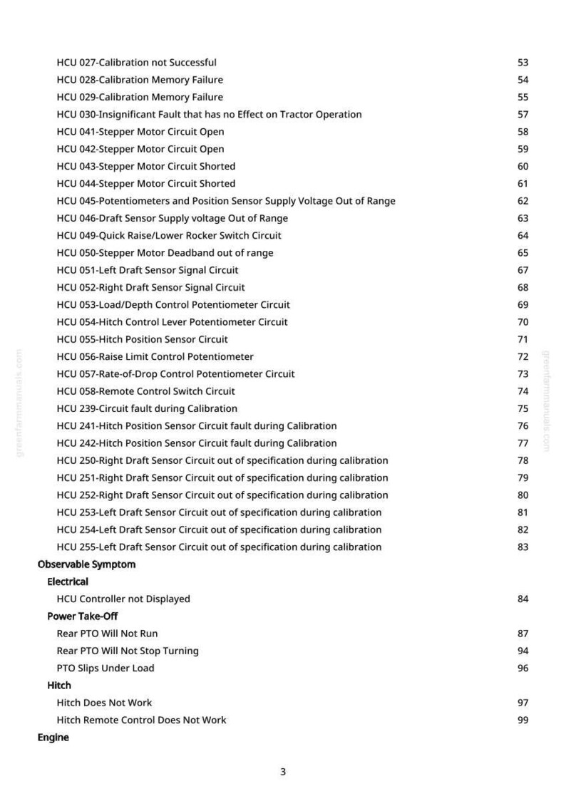May include: A page from a manual with a list of tractor error codes and observable symptoms. The text includes codes like "HCU 027-Calibration not Successful" and "Hitch Does Not Work."