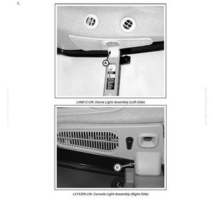 Puede incluir: Diagrama que muestra la extracci&oacute;n, inspecci&oacute;n e instalaci&oacute;n de los filtros de aire de recirculaci&oacute;n del interior de la cabina. Incluye vistas de cerca del conjunto de la luz de techo y del conjunto de la luz de la consola, con etiquetas y flechas.