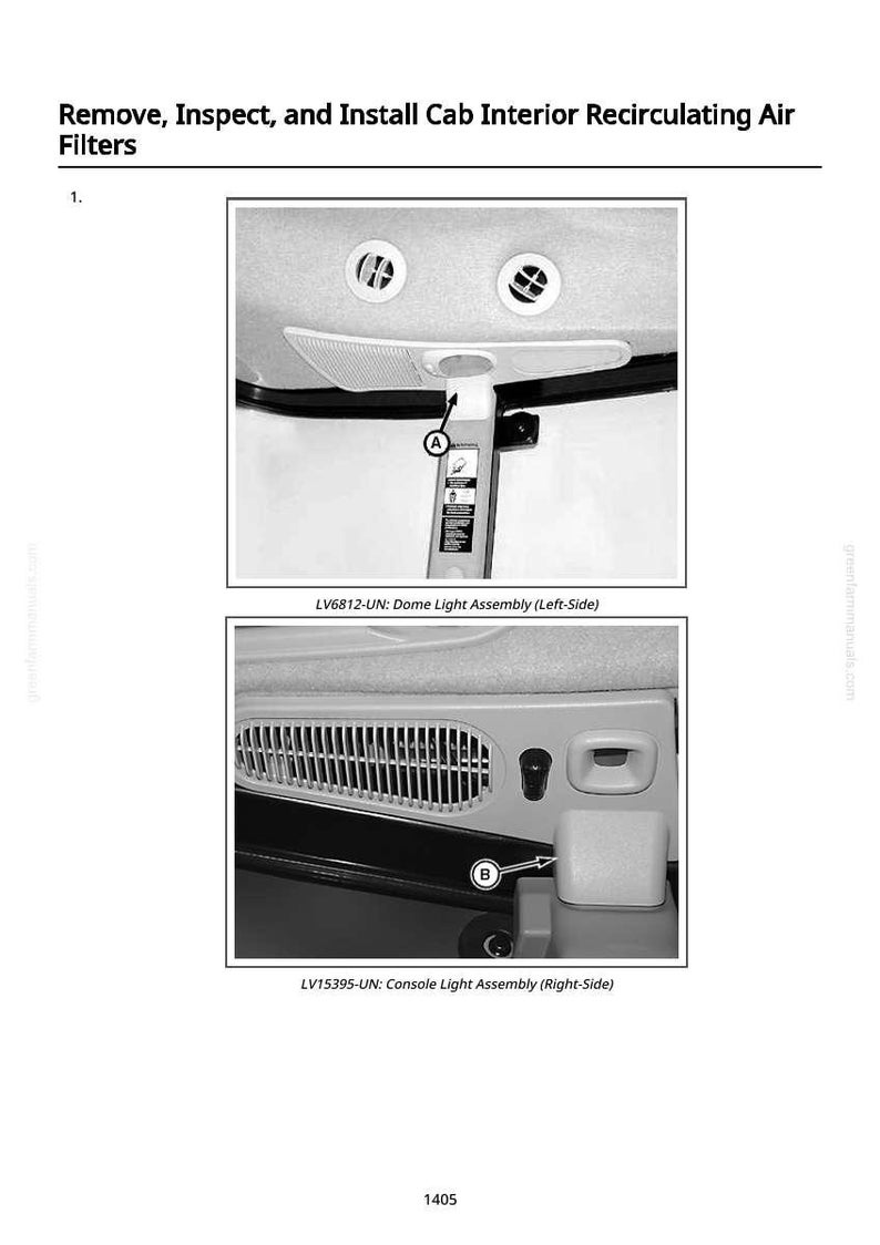 Puede incluir: Diagrama que muestra la extracci&oacute;n, inspecci&oacute;n e instalaci&oacute;n de los filtros de aire de recirculaci&oacute;n del interior de la cabina. Incluye vistas de cerca del conjunto de la luz de techo y del conjunto de la luz de la consola, con etiquetas y flechas.