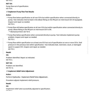 May include: A page from a manual with troubleshooting steps for a hydraulic system. The text includes instructions for pump flow tests, relief valve adjustments, and diagnostic procedures. The page is white with black text.