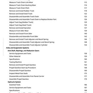 May include: A page from a manual with a list of procedures and instructions for machinery maintenance. The text includes terms like "Inspect Metal Face Seals," "Remove and Install Track Shoe," and "Propel Gearbox Start-Up Procedure."