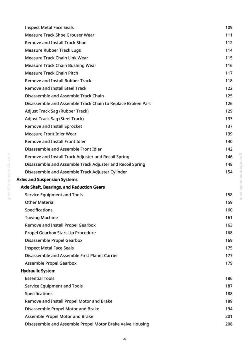 May include: A page from a manual with a list of procedures and instructions for machinery maintenance. The text includes terms like "Inspect Metal Face Seals," "Remove and Install Track Shoe," and "Propel Gearbox Start-Up Procedure."