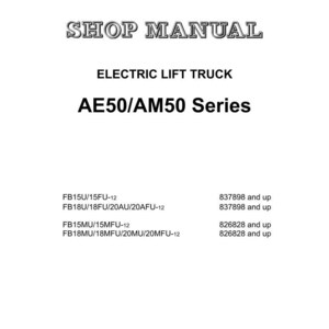 May include: A white document with the Komatsu logo and the text "SHOP MANUAL". The document is for an Electric Lift Truck, AE50/AM50 Series, with specific model numbers and serial numbers listed.