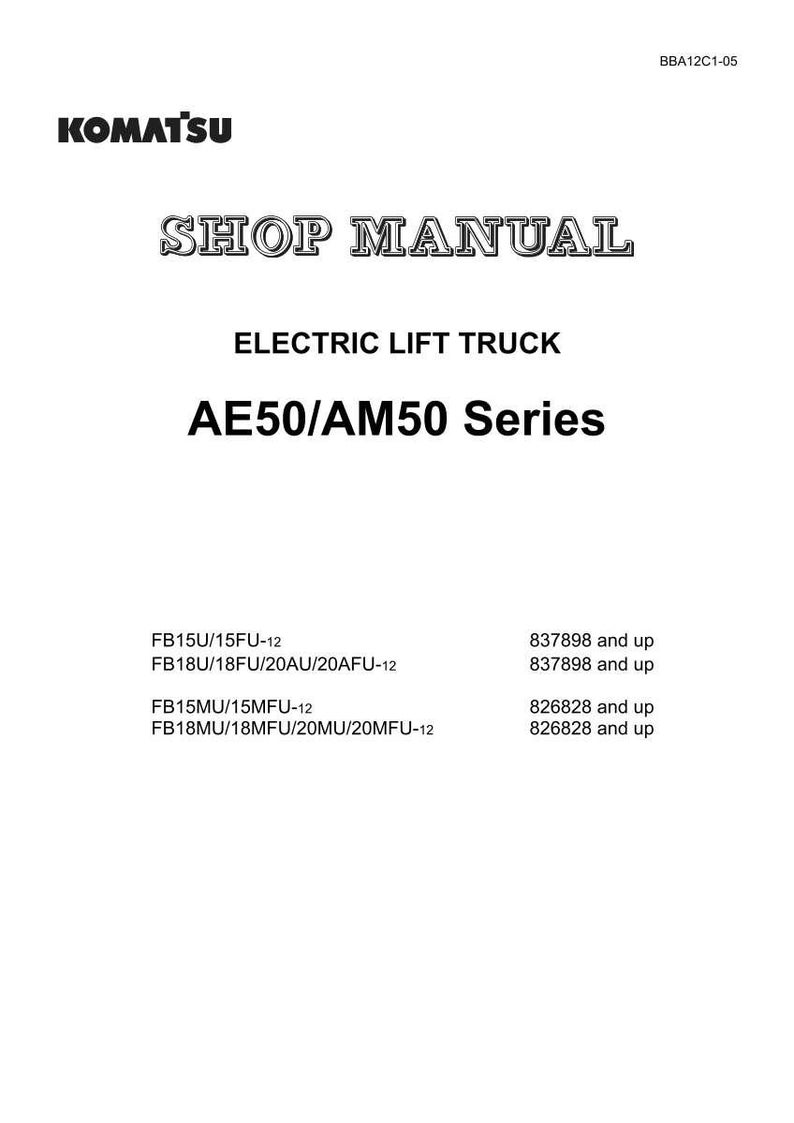 May include: A white document with the Komatsu logo and the text "SHOP MANUAL". The document is for an Electric Lift Truck, AE50/AM50 Series, with specific model numbers and serial numbers listed.