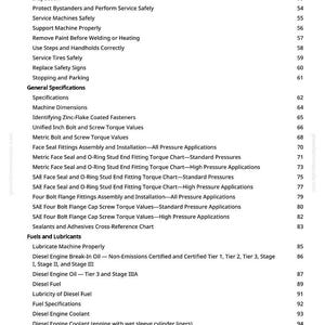 May include: A white-backgrounded page from a manual with a table of contents. The text includes safety precautions, specifications, and information on fuels, lubricants, and engine coolants.