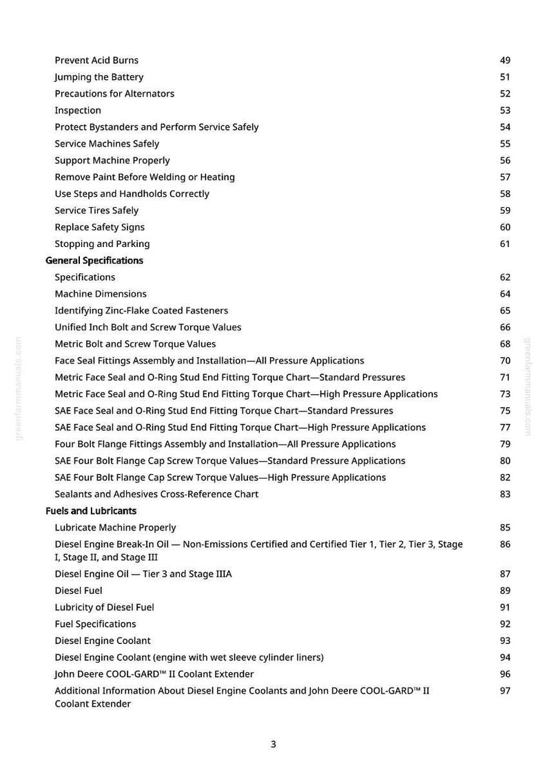 May include: A white-backgrounded page from a manual with a table of contents. The text includes safety precautions, specifications, and information on fuels, lubricants, and engine coolants.