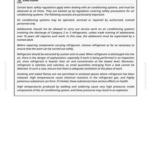 May include: A white document titled "Safety At Work" with a warning symbol and text about air conditioning safety regulations. The text covers topics like authorized personnel, refrigerant handling, and high-temperature hazards.