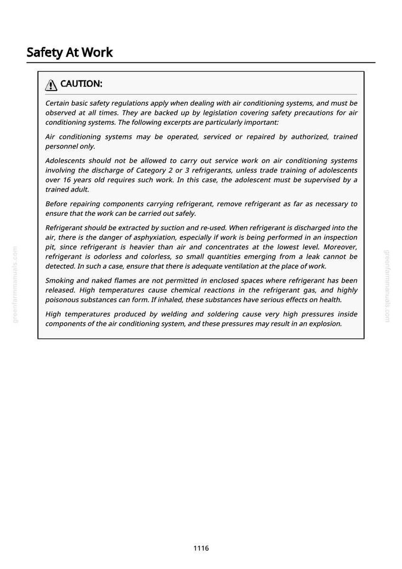 May include: A white document titled "Safety At Work" with a warning symbol and text about air conditioning safety regulations. The text covers topics like authorized personnel, refrigerant handling, and high-temperature hazards.