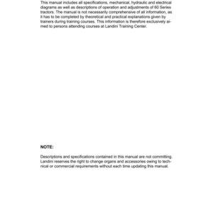 Puede incluir: Una p&aacute;gina blanca con el t&iacute;tulo "PREFACIO" en la parte superior, seguida de texto que describe especificaciones, diagramas y ajustes para tractores de la serie 60. La parte inferior de la p&aacute;gina incluye "PRE-SALE SERVICE Diciembre 2009 42042 FABBRICO (RE) ITALY."