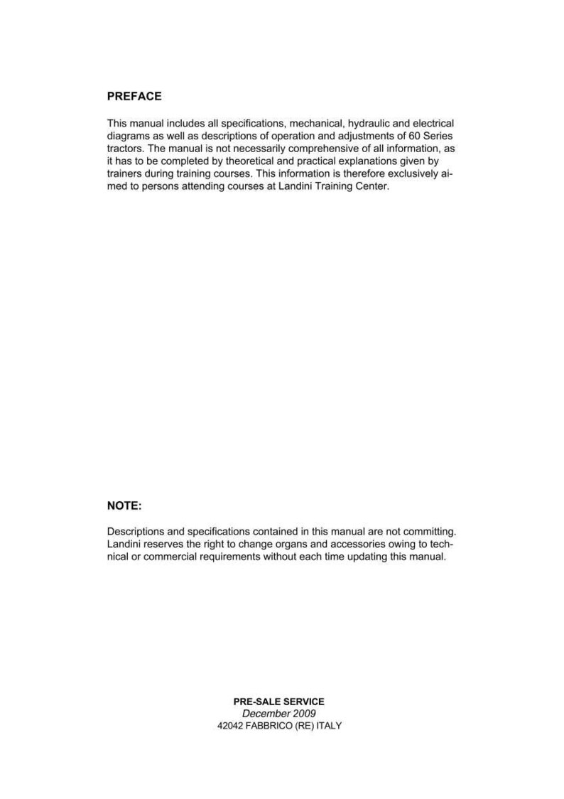 Puede incluir: Una p&aacute;gina blanca con el t&iacute;tulo "PREFACIO" en la parte superior, seguida de texto que describe especificaciones, diagramas y ajustes para tractores de la serie 60. La parte inferior de la p&aacute;gina incluye "PRE-SALE SERVICE Diciembre 2009 42042 FABBRICO (RE) ITALY."