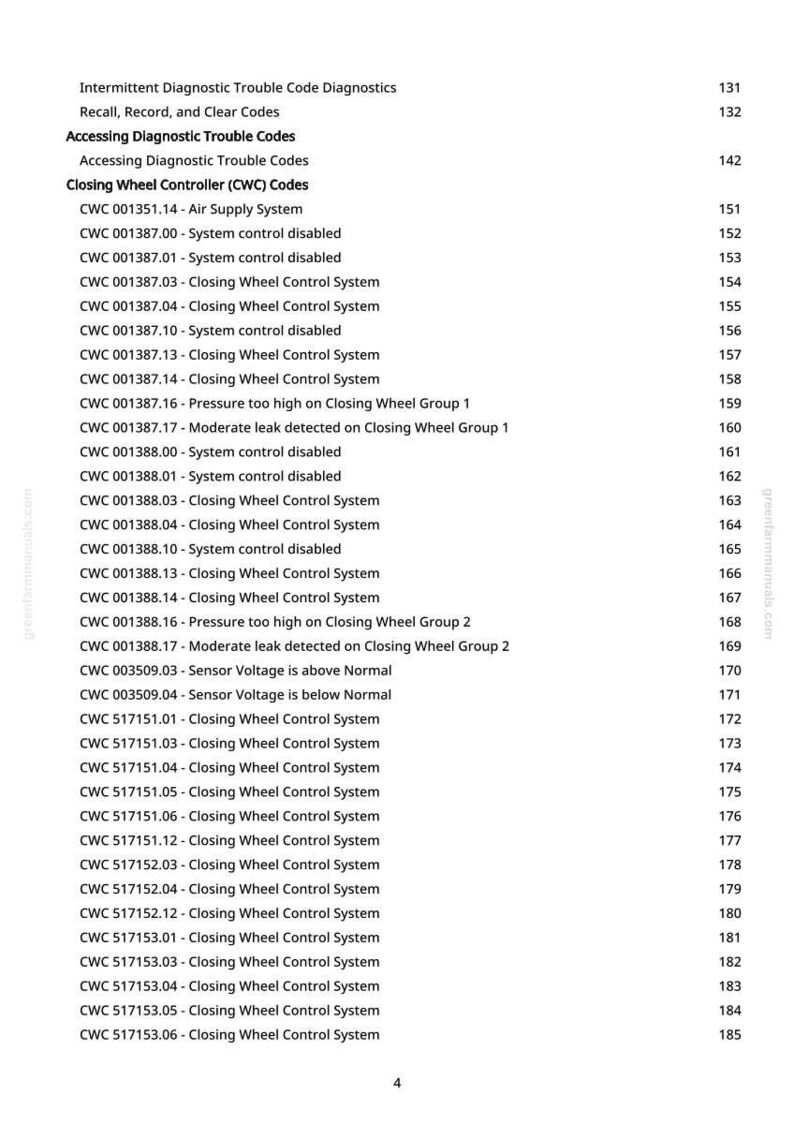 May include: A page from a diagnostic manual lists intermittent diagnostic trouble codes, including codes related to the closing wheel controller (CWC) system. The text is black on a white background, with page numbers on the right.