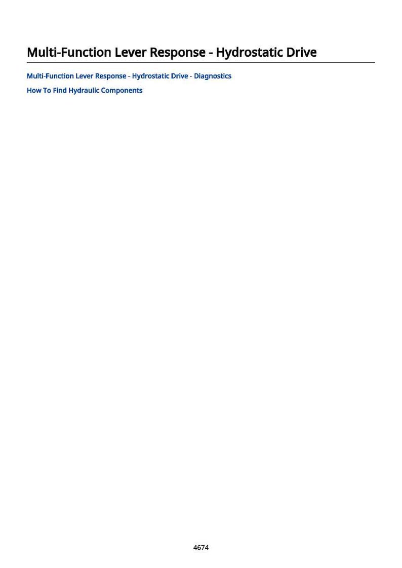 May include: White page with the title "Multi-Function Lever Response - Hydrostatic Drive" in black text. Below, there are two additional lines of text: "Multi-Function Lever Response - Hydrostatic Drive - Diagnostics" and "How To Find Hydraulic Components."