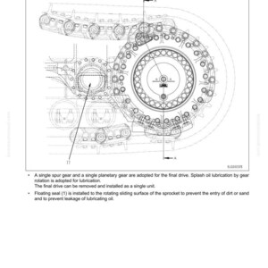 May include: Detailed technical diagram of a power train system, featuring a general view of the components. The diagram includes a single spur gear, planetary gear, and a floating seal. Text includes "10 STRUCTURE AND FUNCTION" and "COMPONENT PARTS OF POWER TRAIN SYSTEM."